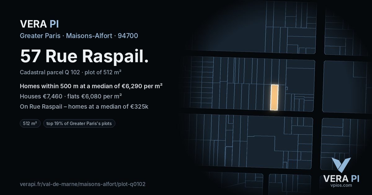 57 Rue Raspail, Maisons-Alfort at night – the plot lit, the parcels around coloured by the prices near them