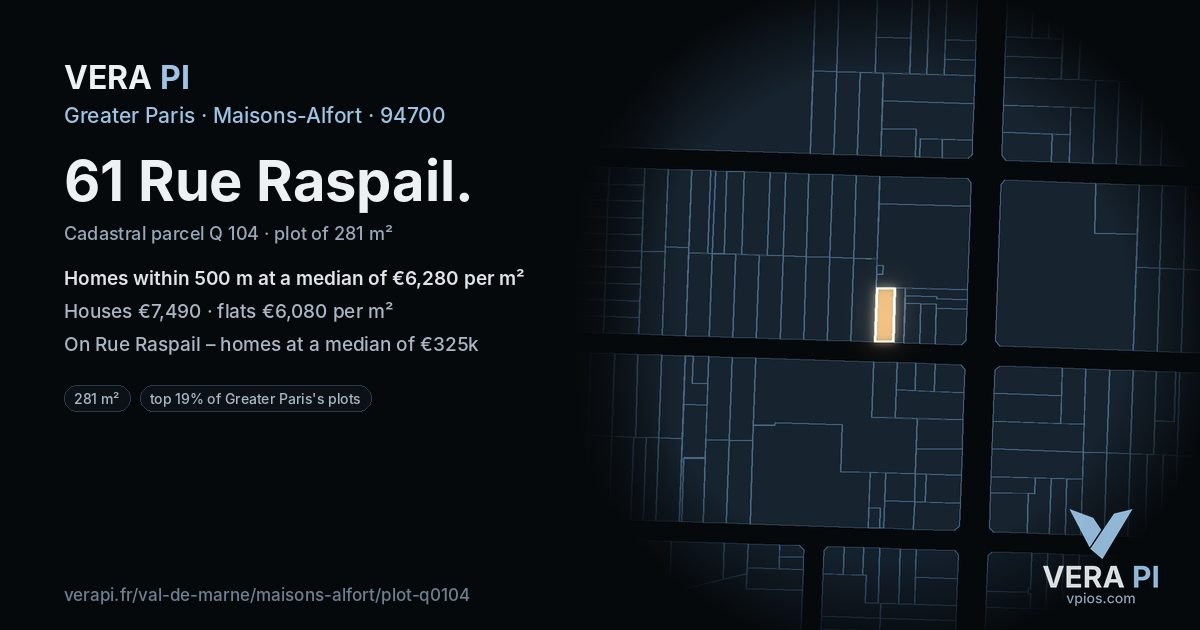 61 Rue Raspail, Maisons-Alfort at night – the plot lit, the parcels around coloured by the prices near them