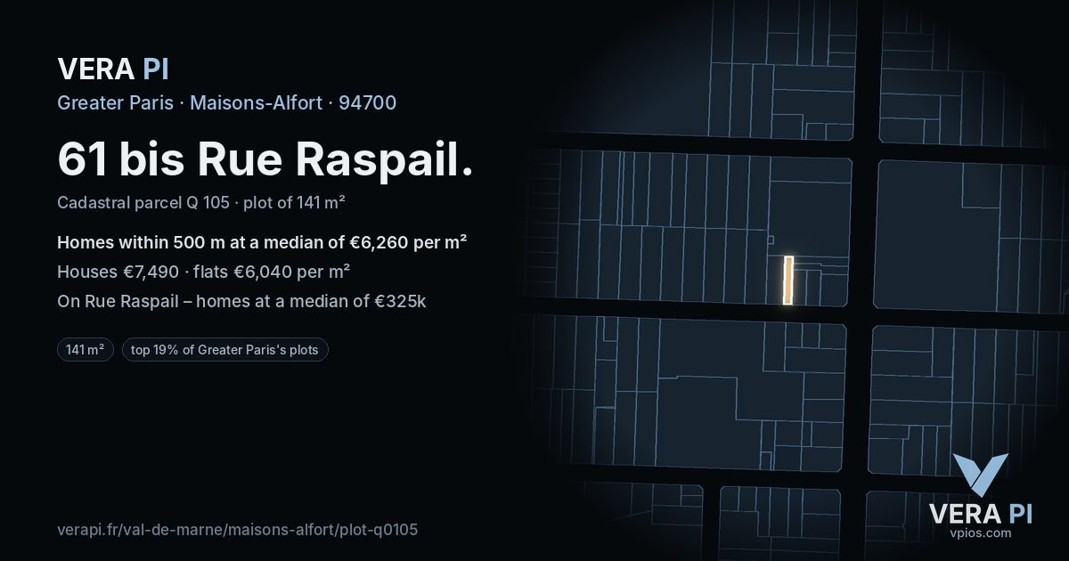 61 bis Rue Raspail, Maisons-Alfort at night – the plot lit, the parcels around coloured by the prices near them