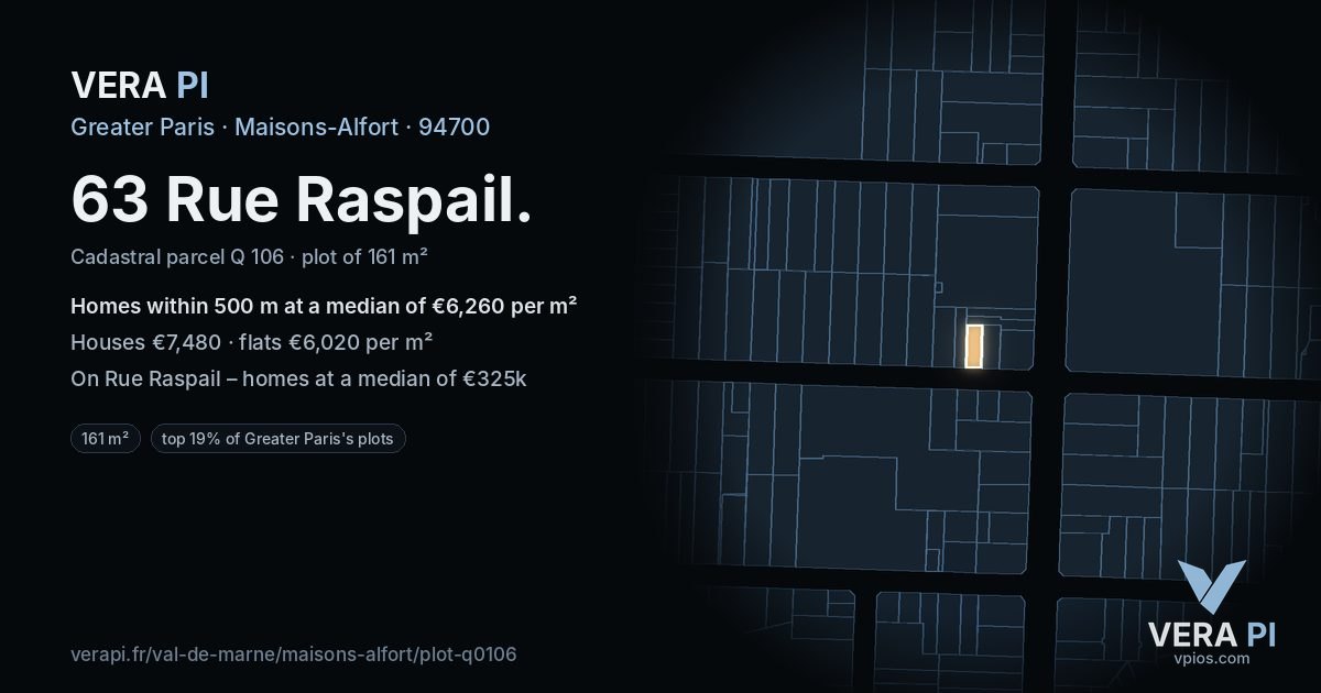 63 Rue Raspail, Maisons-Alfort at night – the plot lit, the parcels around coloured by the prices near them