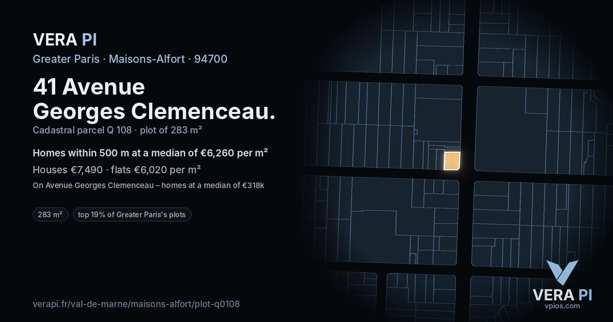 41 Avenue Georges Clemenceau, Maisons-Alfort at night – the plot lit, the parcels around coloured by the prices near them