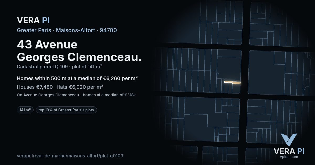 43 Avenue Georges Clemenceau, Maisons-Alfort at night – the plot lit, the parcels around coloured by the prices near them