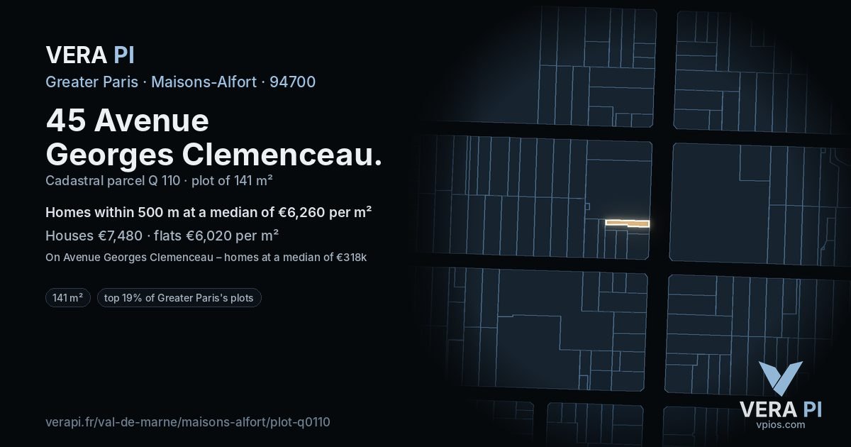 45 Avenue Georges Clemenceau, Maisons-Alfort at night – the plot lit, the parcels around coloured by the prices near them