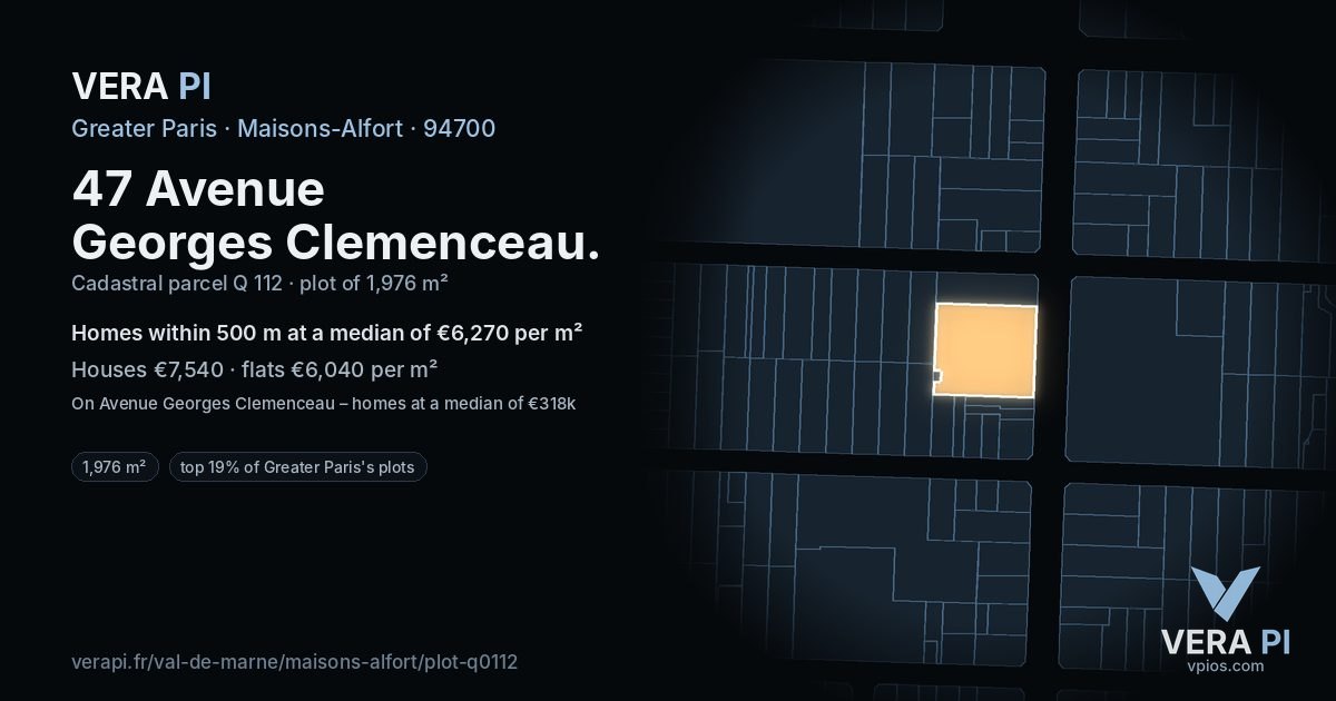 47 Avenue Georges Clemenceau, Maisons-Alfort at night – the plot lit, the parcels around coloured by the prices near them