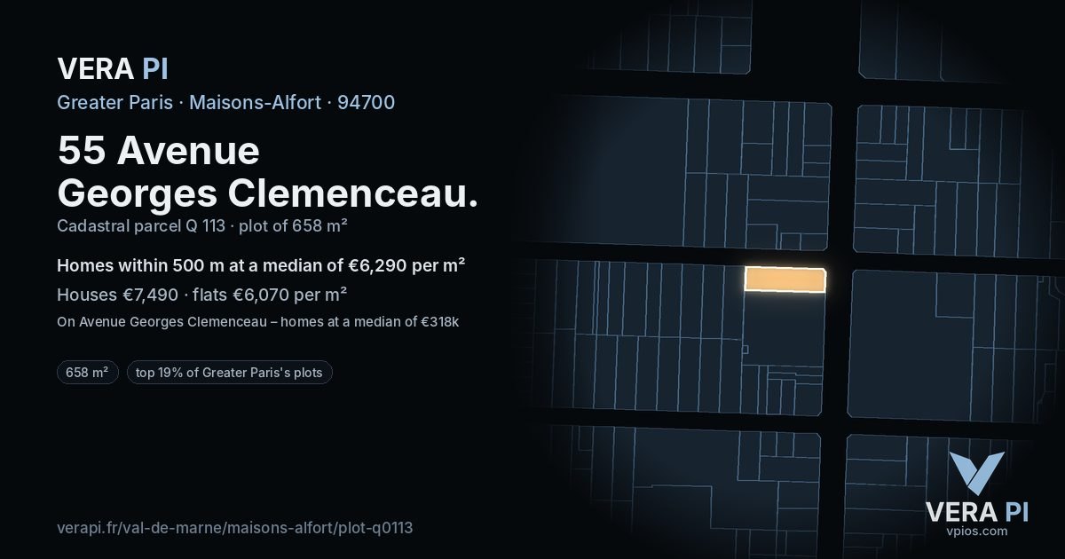 55 Avenue Georges Clemenceau, Maisons-Alfort at night – the plot lit, the parcels around coloured by the prices near them