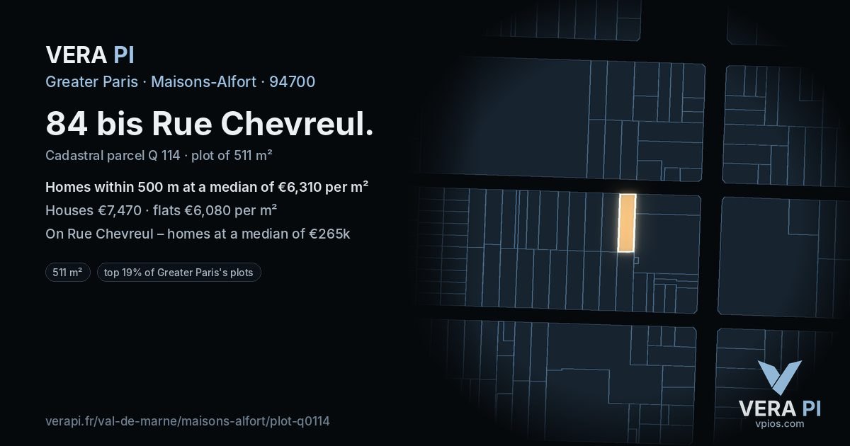 84 bis Rue Chevreul, Maisons-Alfort at night – the plot lit, the parcels around coloured by the prices near them
