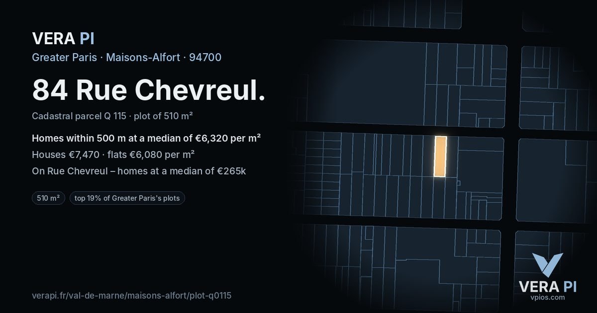 84 Rue Chevreul, Maisons-Alfort at night – the plot lit, the parcels around coloured by the prices near them