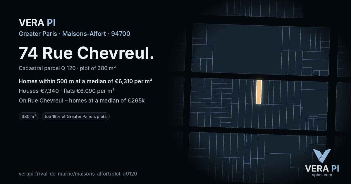 74 Rue Chevreul, Maisons-Alfort at night – the plot lit, the parcels around coloured by the prices near them