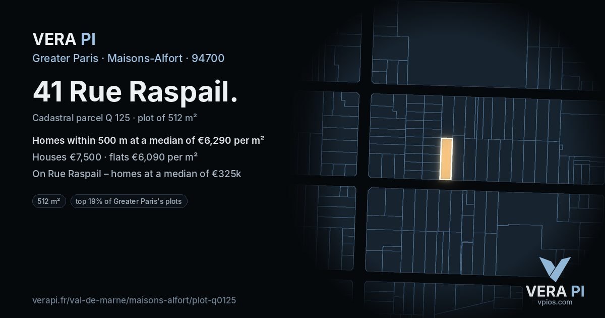 41 Rue Raspail, Maisons-Alfort at night – the plot lit, the parcels around coloured by the prices near them