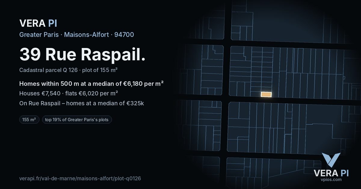 39 Rue Raspail, Maisons-Alfort at night – the plot lit, the parcels around coloured by the prices near them