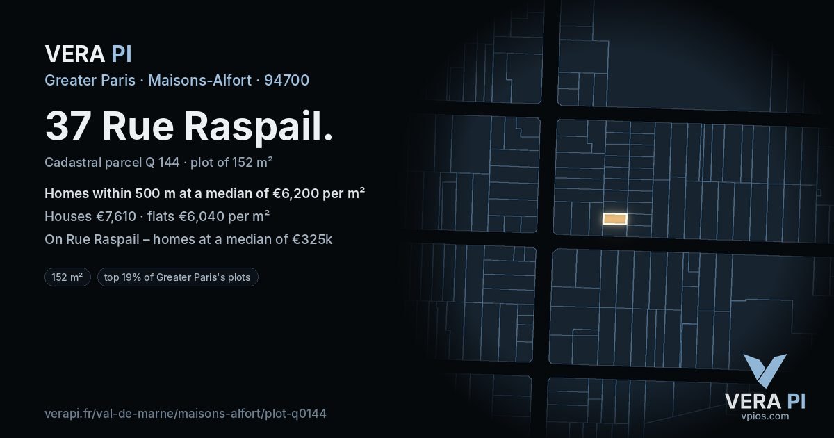 37 Rue Raspail, Maisons-Alfort at night – the plot lit, the parcels around coloured by the prices near them