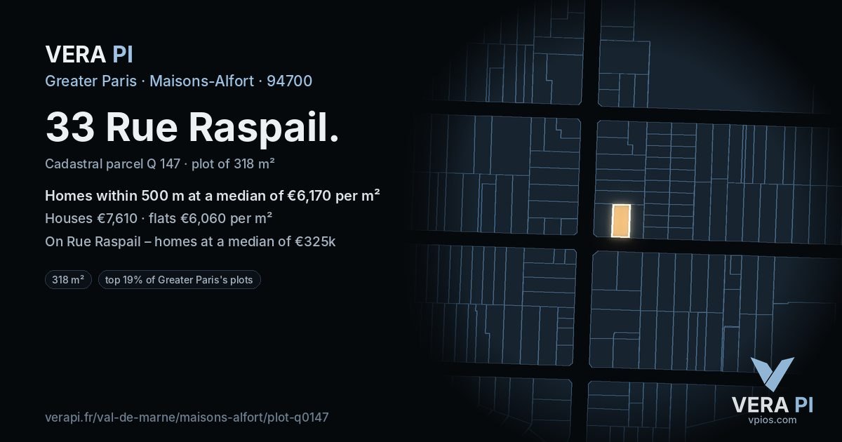 33 Rue Raspail, Maisons-Alfort at night – the plot lit, the parcels around coloured by the prices near them