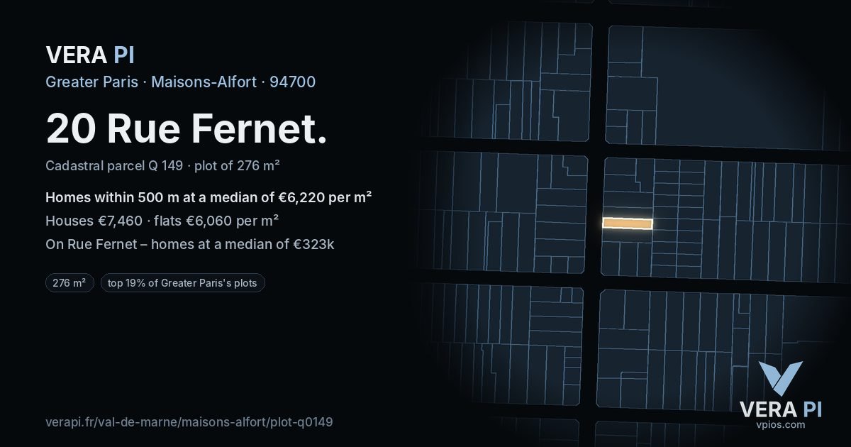 20 Rue Fernet, Maisons-Alfort at night – the plot lit, the parcels around coloured by the prices near them
