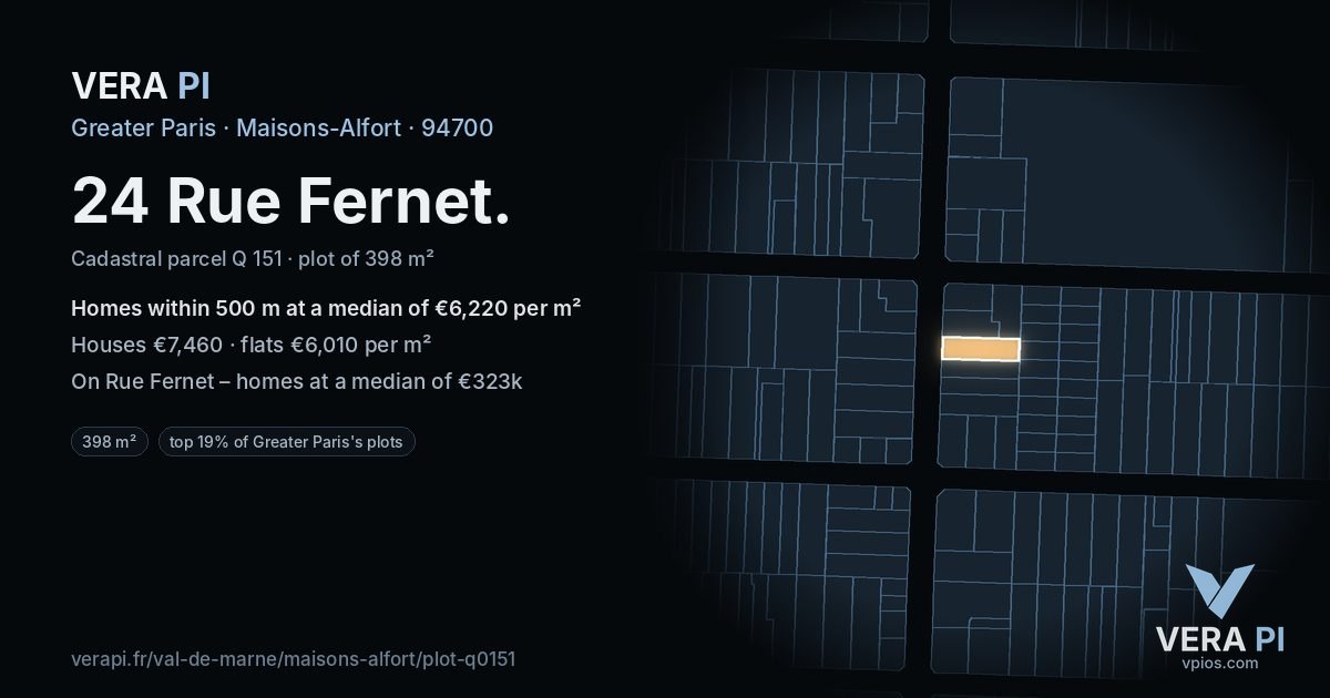 24 Rue Fernet, Maisons-Alfort at night – the plot lit, the parcels around coloured by the prices near them