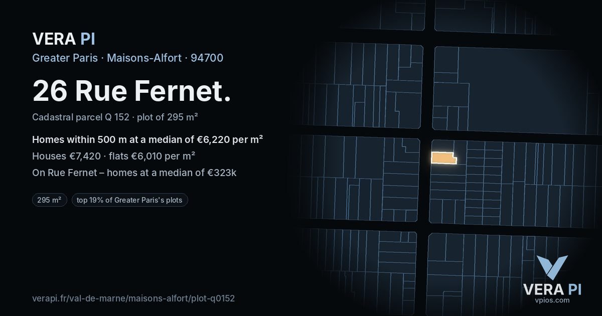 26 Rue Fernet, Maisons-Alfort at night – the plot lit, the parcels around coloured by the prices near them