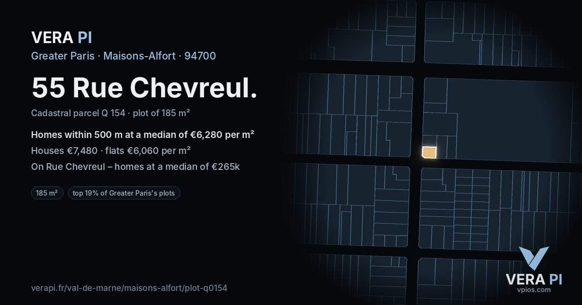 55 Rue Chevreul, Maisons-Alfort at night – the plot lit, the parcels around coloured by the prices near them