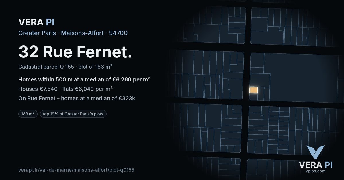 32 Rue Fernet, Maisons-Alfort at night – the plot lit, the parcels around coloured by the prices near them