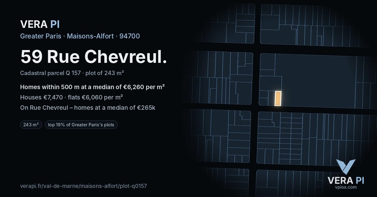 59 Rue Chevreul, Maisons-Alfort at night – the plot lit, the parcels around coloured by the prices near them