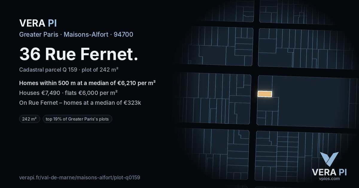 36 Rue Fernet, Maisons-Alfort at night – the plot lit, the parcels around coloured by the prices near them