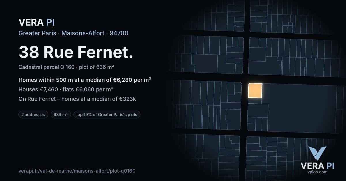 38 Rue Fernet, Maisons-Alfort at night – the plot lit, the parcels around coloured by the prices near them