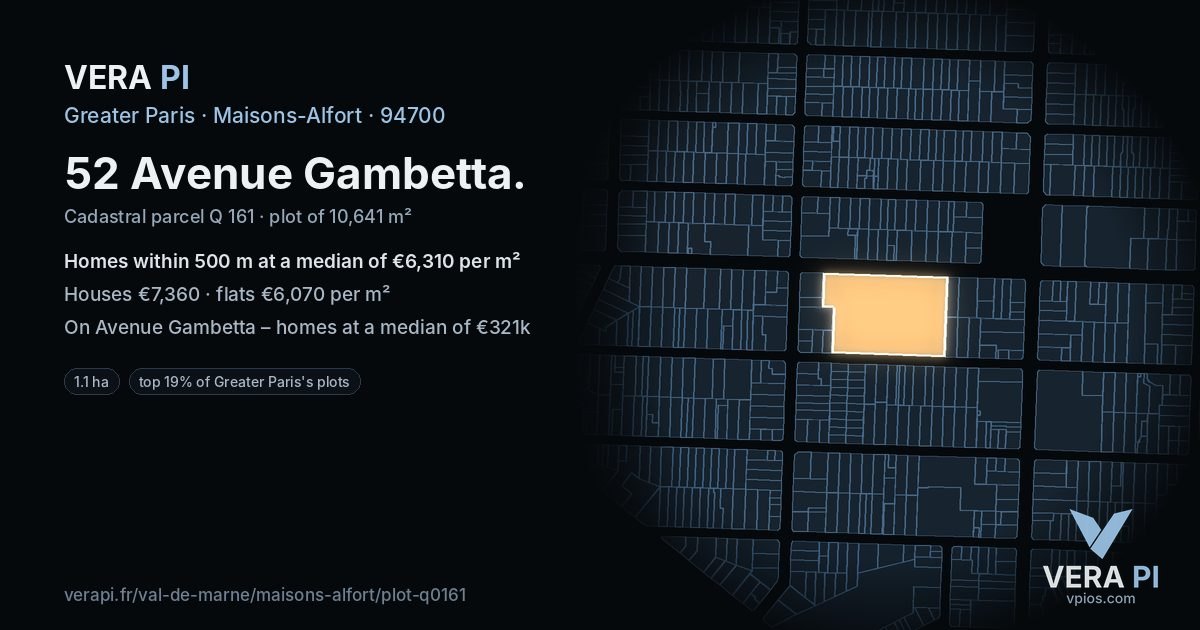 52 Avenue Gambetta, Maisons-Alfort at night – the plot lit, the parcels around coloured by the prices near them