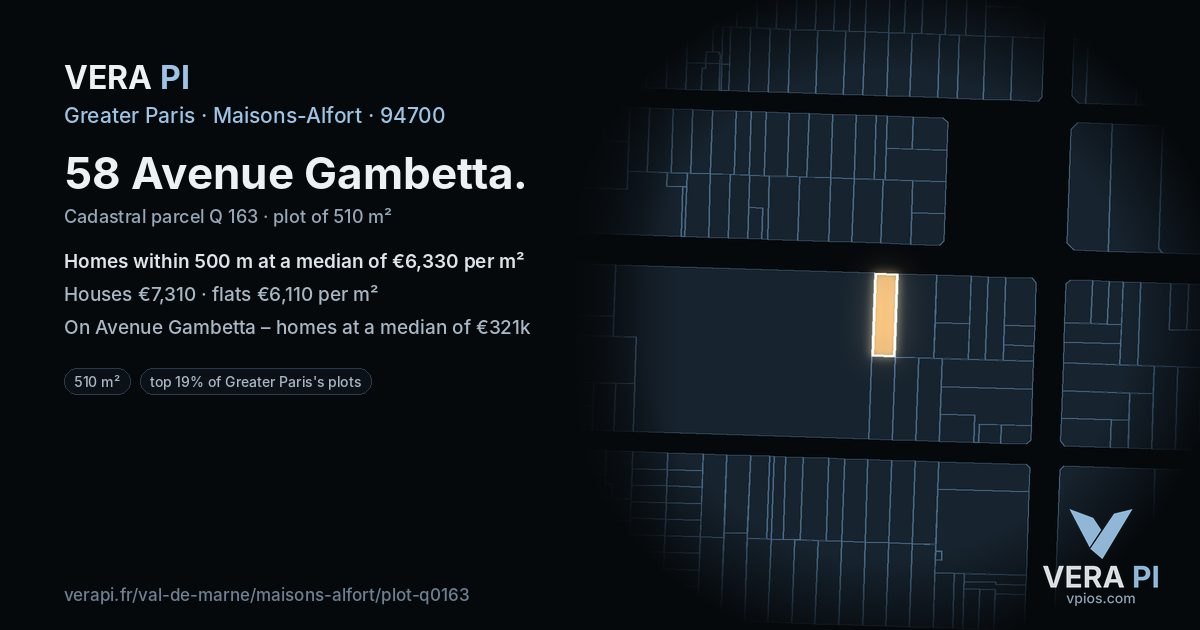 58 Avenue Gambetta, Maisons-Alfort at night – the plot lit, the parcels around coloured by the prices near them