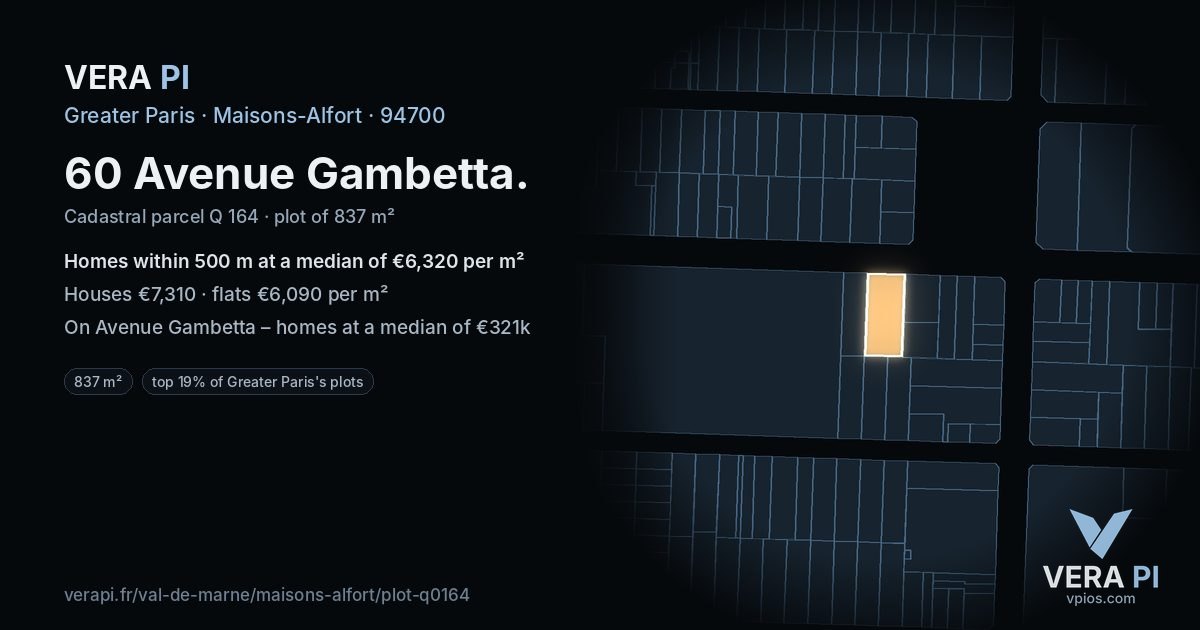 60 Avenue Gambetta, Maisons-Alfort at night – the plot lit, the parcels around coloured by the prices near them