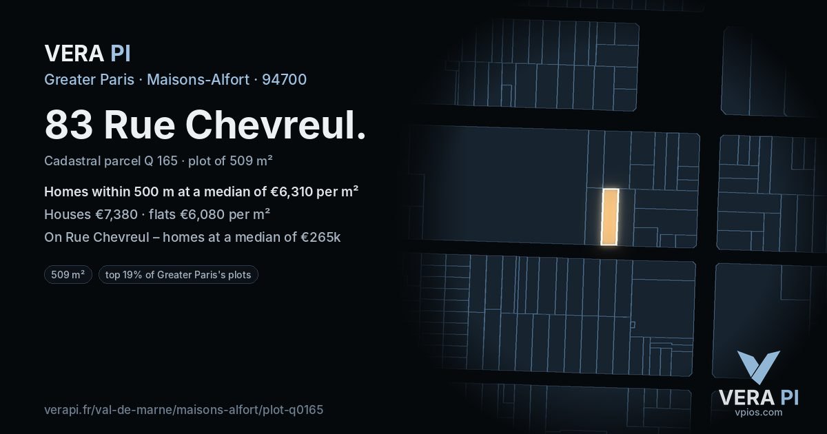 83 Rue Chevreul, Maisons-Alfort at night – the plot lit, the parcels around coloured by the prices near them