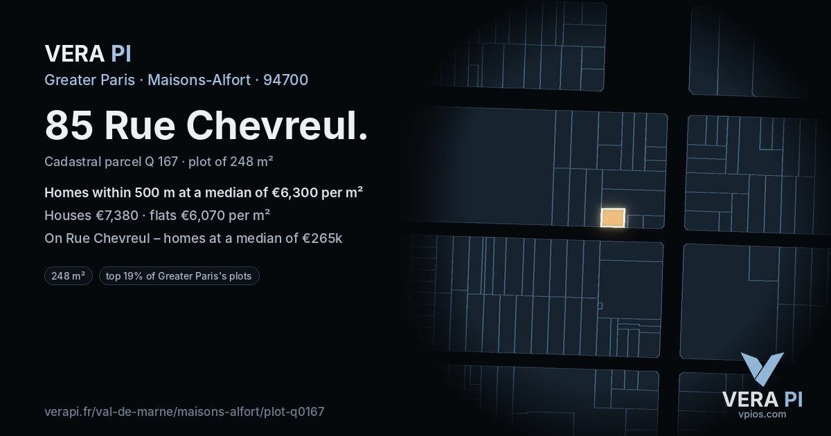 85 Rue Chevreul, Maisons-Alfort at night – the plot lit, the parcels around coloured by the prices near them