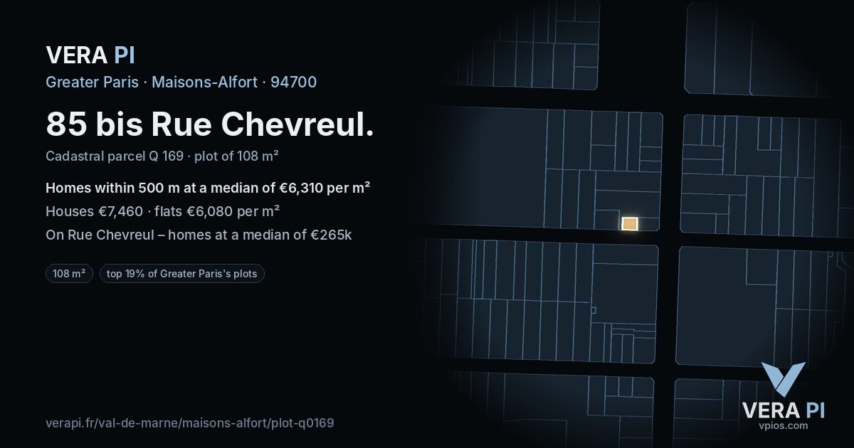 85 bis Rue Chevreul, Maisons-Alfort at night – the plot lit, the parcels around coloured by the prices near them