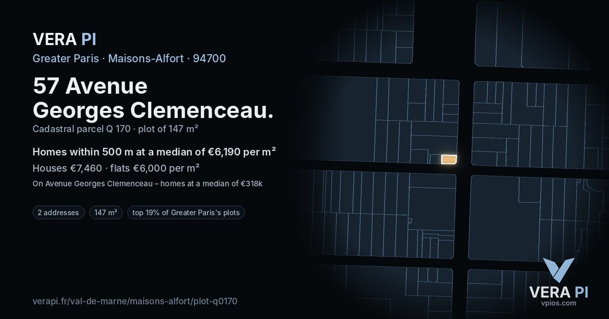 57 Avenue Georges Clemenceau, Maisons-Alfort at night – the plot lit, the parcels around coloured by the prices near them