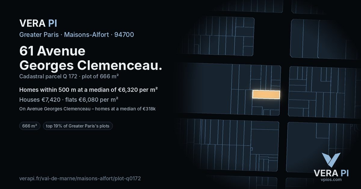 61 Avenue Georges Clemenceau, Maisons-Alfort at night – the plot lit, the parcels around coloured by the prices near them