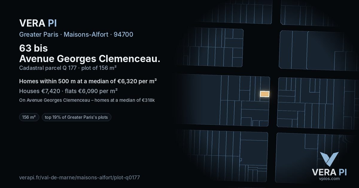 63 bis Avenue Georges Clemenceau, Maisons-Alfort at night – the plot lit, the parcels around coloured by the prices near them