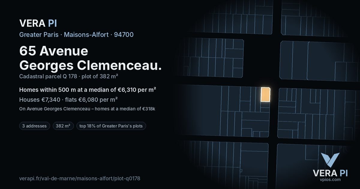 65 Avenue Georges Clemenceau, Maisons-Alfort at night – the plot lit, the parcels around coloured by the prices near them