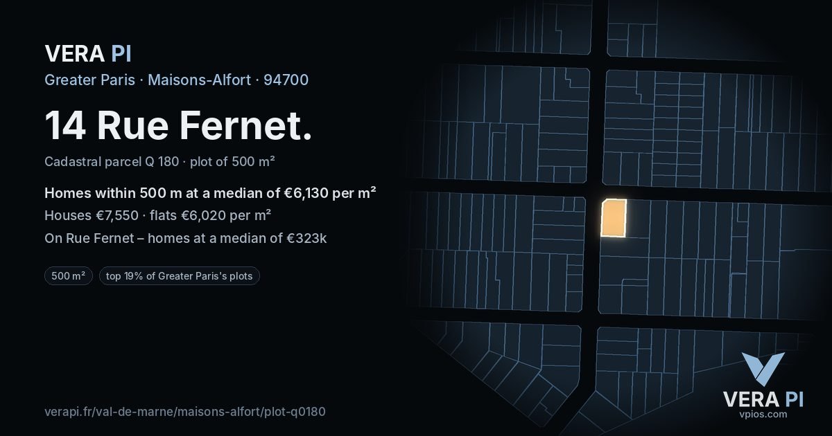 14 Rue Fernet, Maisons-Alfort at night – the plot lit, the parcels around coloured by the prices near them