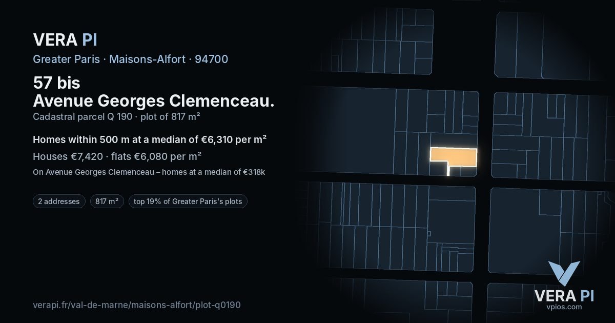 57 bis Avenue Georges Clemenceau, Maisons-Alfort at night – the plot lit, the parcels around coloured by the prices near them