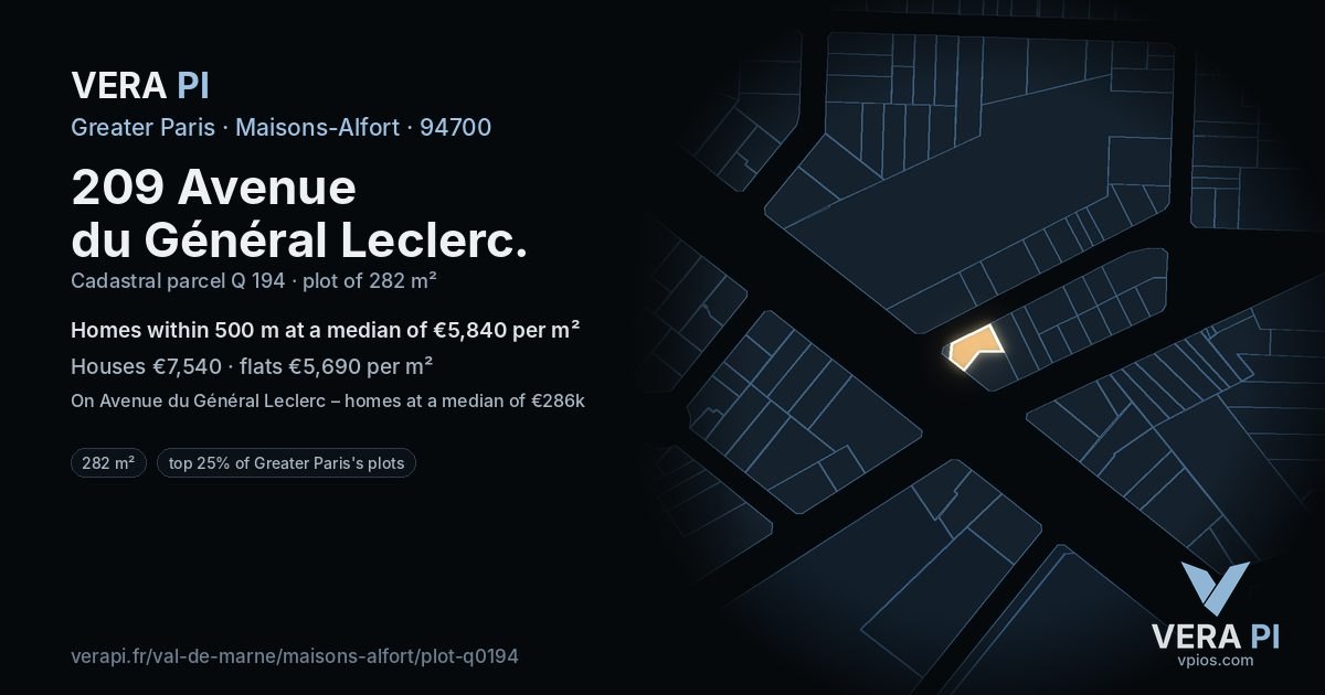 209 Avenue du Général Leclerc, Maisons-Alfort at night – the plot lit, the parcels around coloured by the prices near them