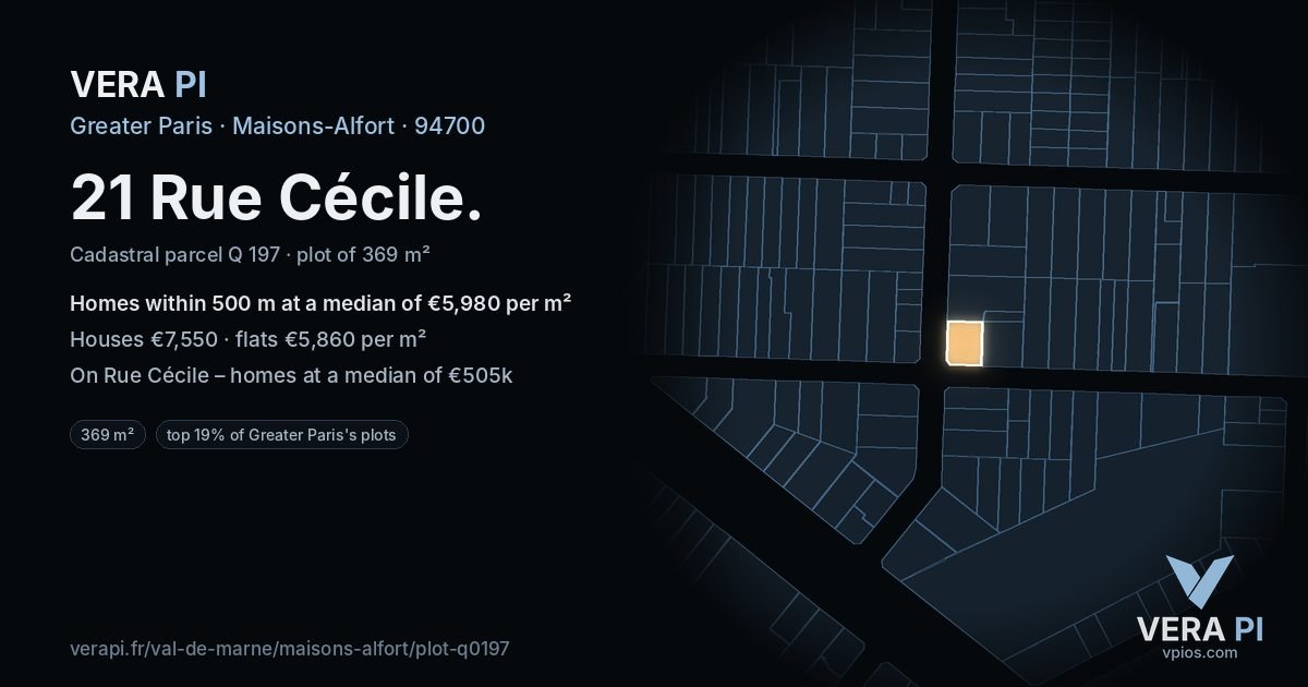 21 Rue Cécile, Maisons-Alfort at night – the plot lit, the parcels around coloured by the prices near them