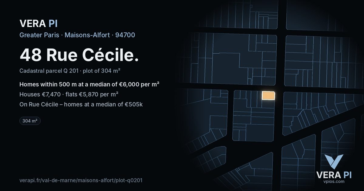 48 Rue Cécile, Maisons-Alfort at night – the plot lit, the parcels around coloured by the prices near them