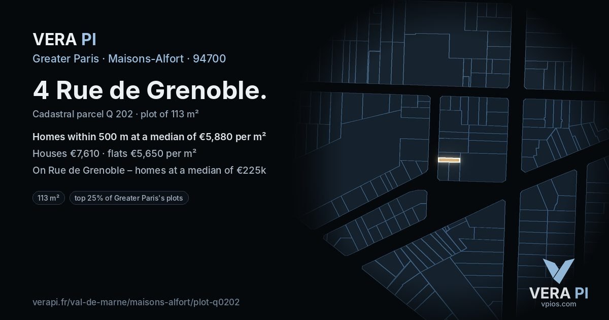 4 Rue de Grenoble, Maisons-Alfort at night – the plot lit, the parcels around coloured by the prices near them