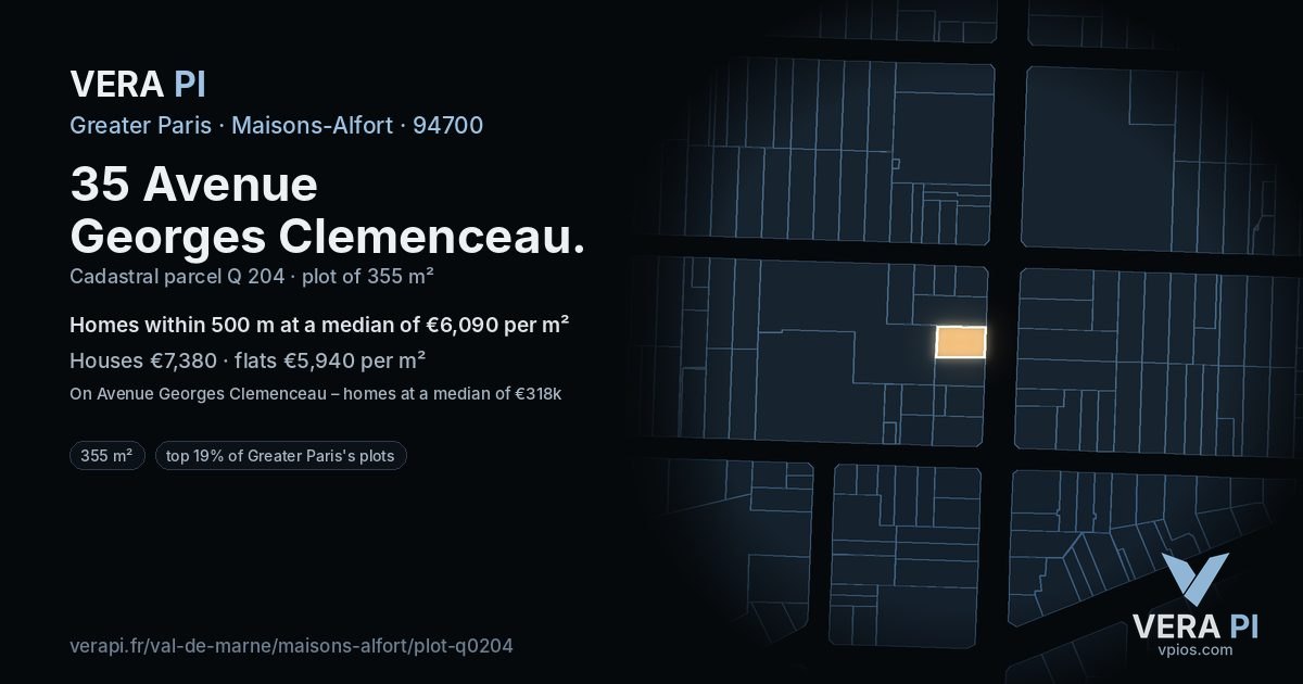 35 Avenue Georges Clemenceau, Maisons-Alfort at night – the plot lit, the parcels around coloured by the prices near them