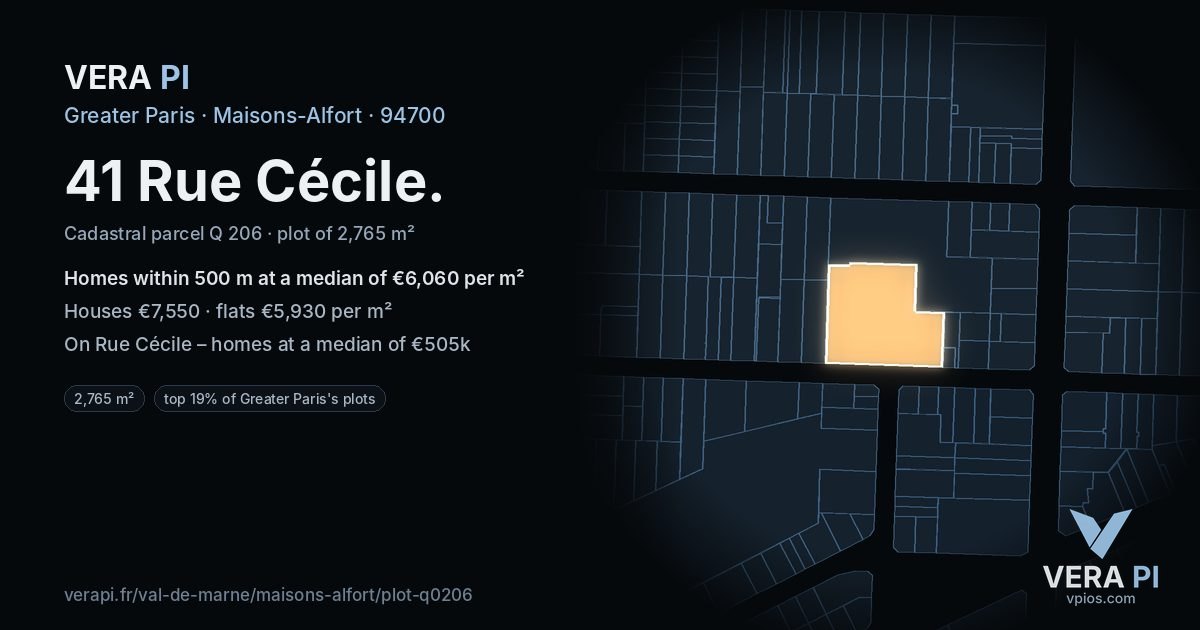 41 Rue Cécile, Maisons-Alfort at night – the plot lit, the parcels around coloured by the prices near them