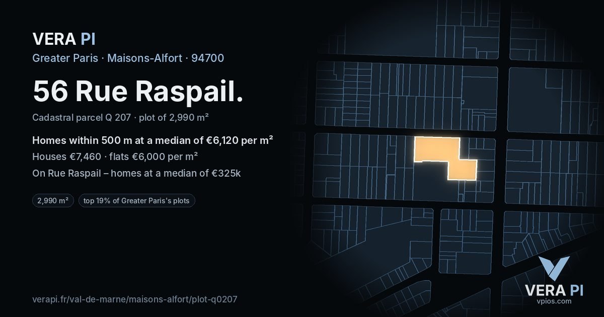 56 Rue Raspail, Maisons-Alfort at night – the plot lit, the parcels around coloured by the prices near them