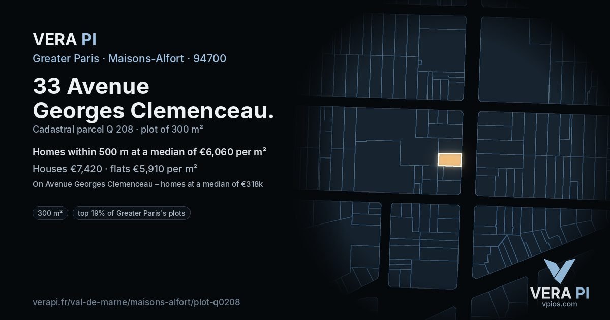33 Avenue Georges Clemenceau, Maisons-Alfort at night – the plot lit, the parcels around coloured by the prices near them