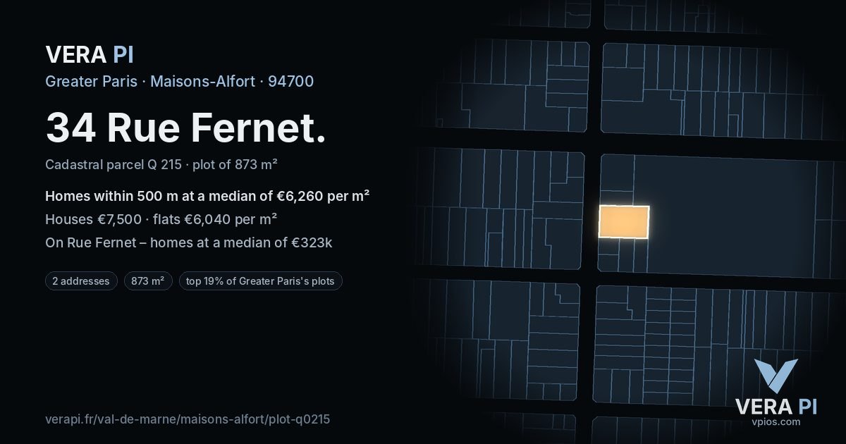 34 Rue Fernet, Maisons-Alfort at night – the plot lit, the parcels around coloured by the prices near them