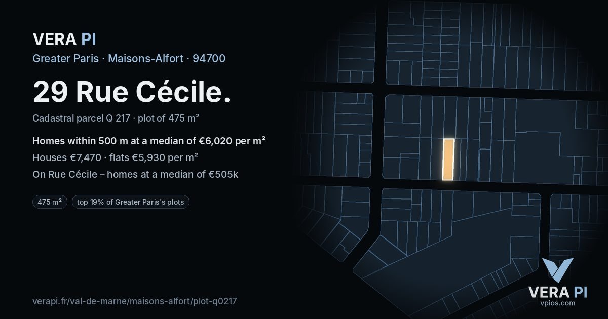 29 Rue Cécile, Maisons-Alfort at night – the plot lit, the parcels around coloured by the prices near them