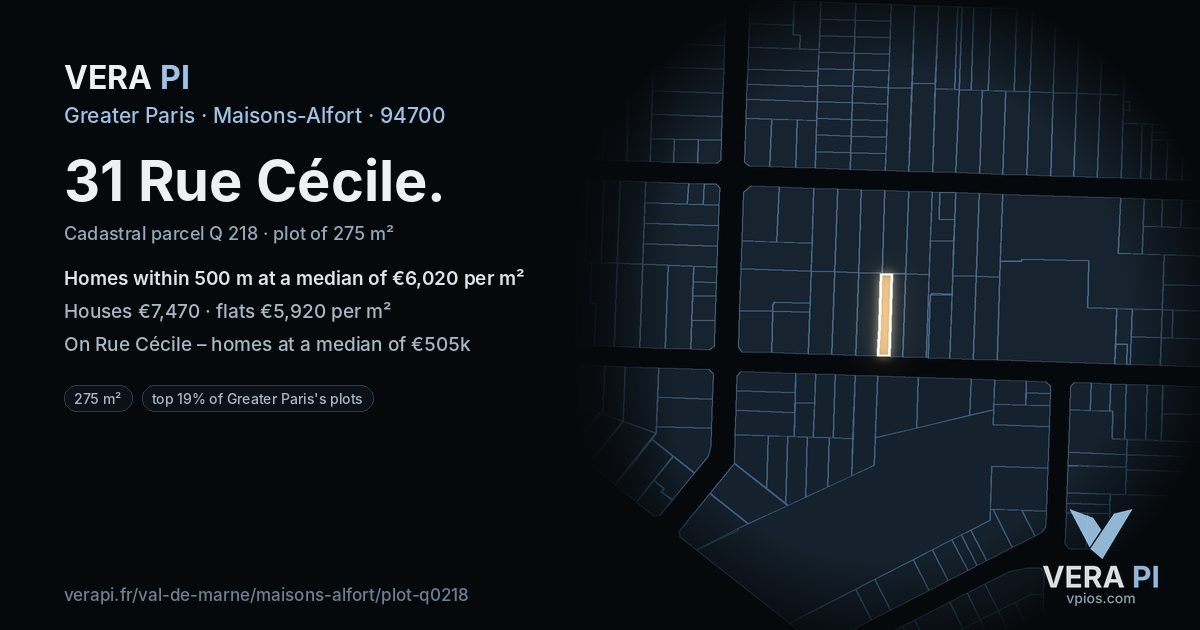 31 Rue Cécile, Maisons-Alfort at night – the plot lit, the parcels around coloured by the prices near them