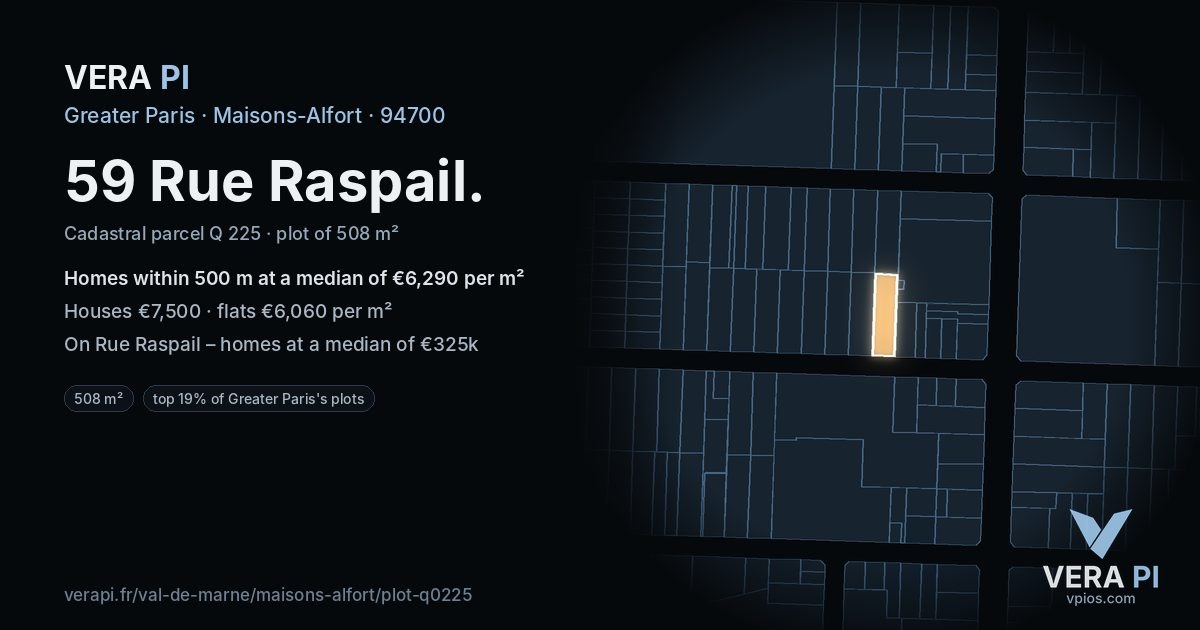59 Rue Raspail, Maisons-Alfort at night – the plot lit, the parcels around coloured by the prices near them