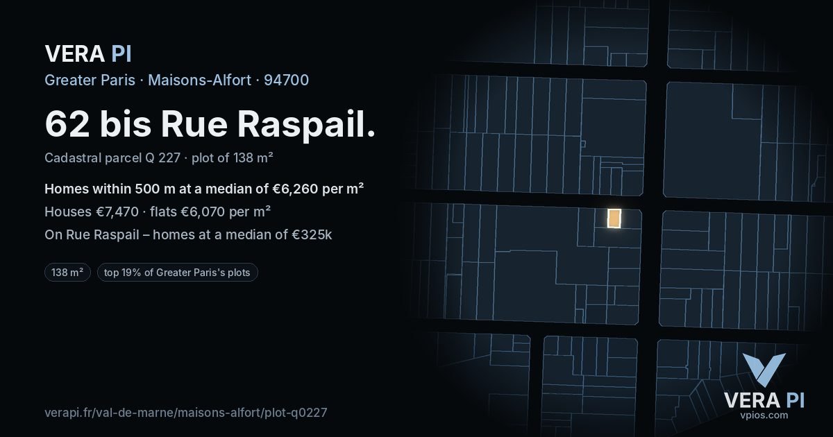 62 bis Rue Raspail, Maisons-Alfort at night – the plot lit, the parcels around coloured by the prices near them