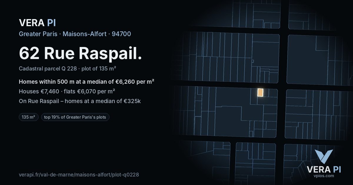 62 Rue Raspail, Maisons-Alfort at night – the plot lit, the parcels around coloured by the prices near them